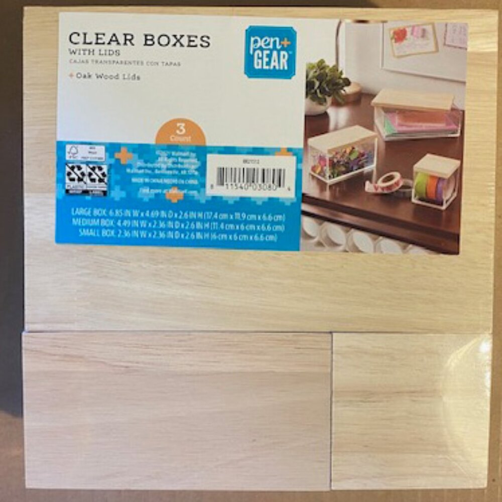 NEW Pen+Gear Clear Organizer Acrylic Boxes with oak lids Set of 3 count